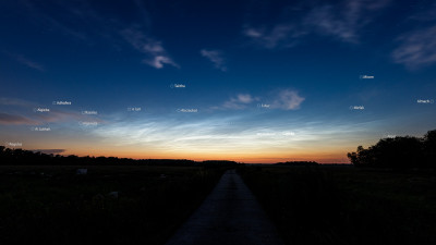14 mm, f/4.5, ISO 400, 13 s<br />Aufnahmezeit: 23:50 Uhr MESZ<br />Ausdehnung: 290° bis 30°<br />Höhe: 18°<br />Helligkeit: H4
