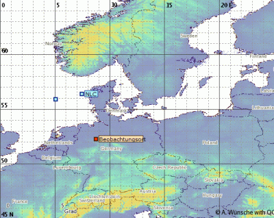 Position des sichtbaren Südrands der NLCs in der Nacht 11./12.06.2023. (Beobachtungsort = Lübbecke)