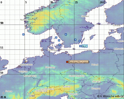 Aufenthaltsraum des sichtbaren Südrands des in den frühen Morgenstunden des 08.07.2023 NLC-Displays. (Beobachtungsort = Berlin).